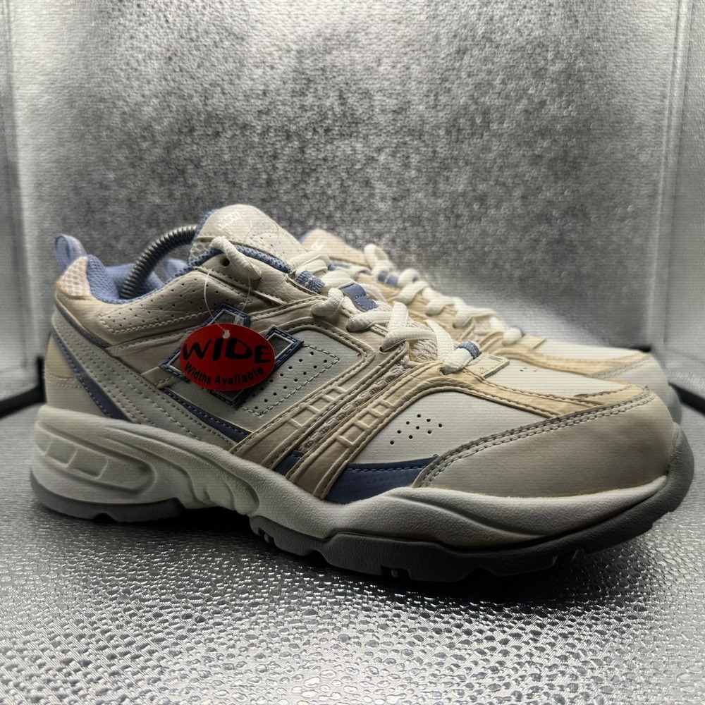 Size 9.5 New Balance 409 Off White Blue Wide Width Leather Walking Shoes WX409WL